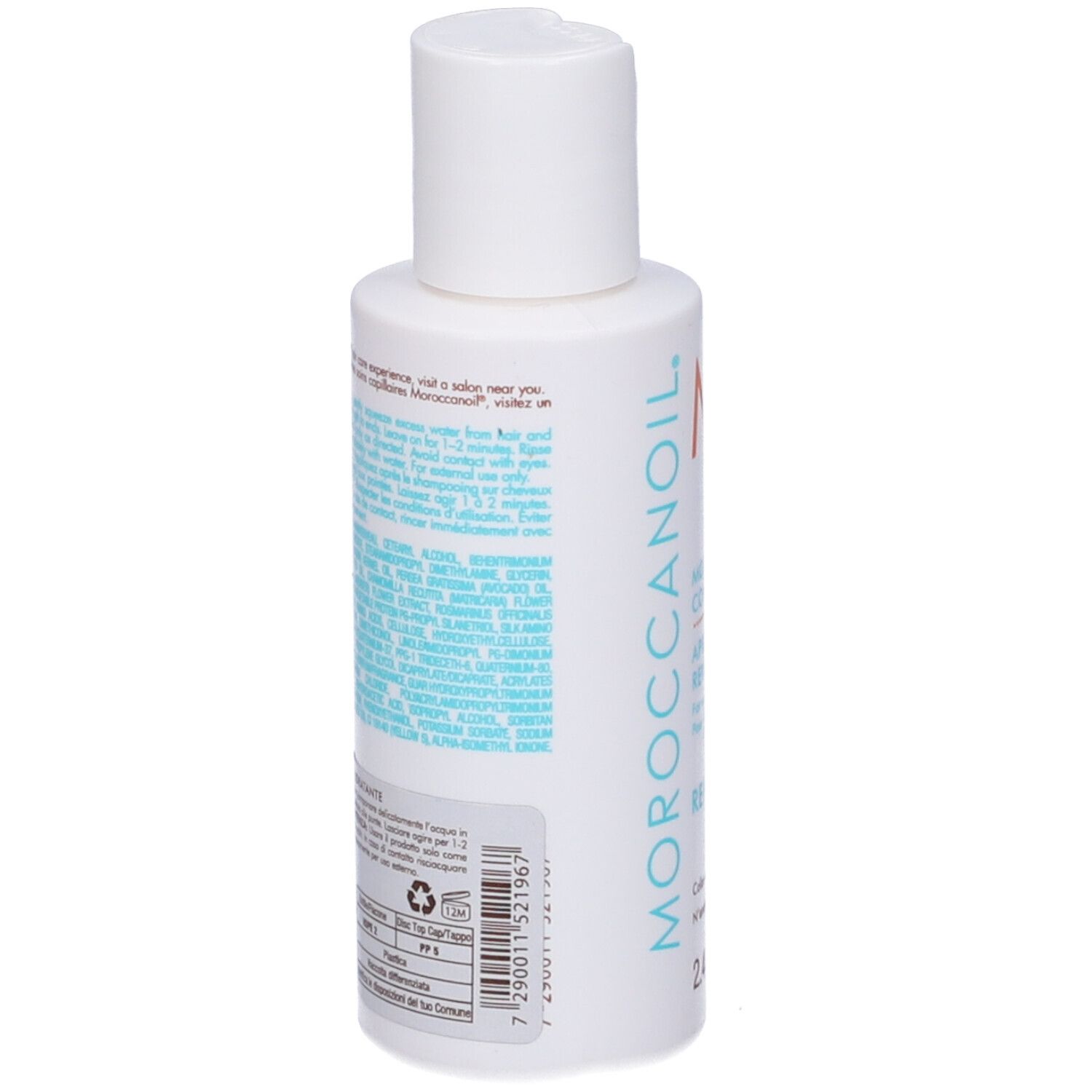 Flacone bianco con tappo a ribalta. Retro con testo in più lingue. Scritta: Moroccanoil.