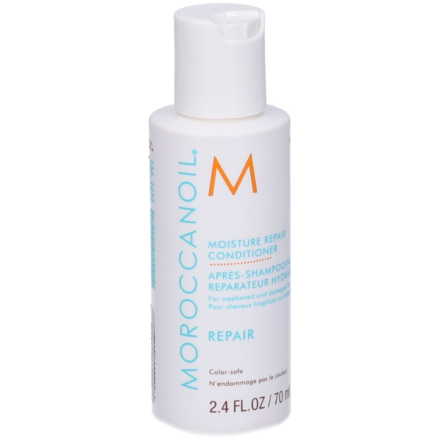 Flacone bianco con tappo a ribalta. Scritta: Moroccanoil, Moisture Repair Conditioner, 2.4 FL.OZ / 70 ml.