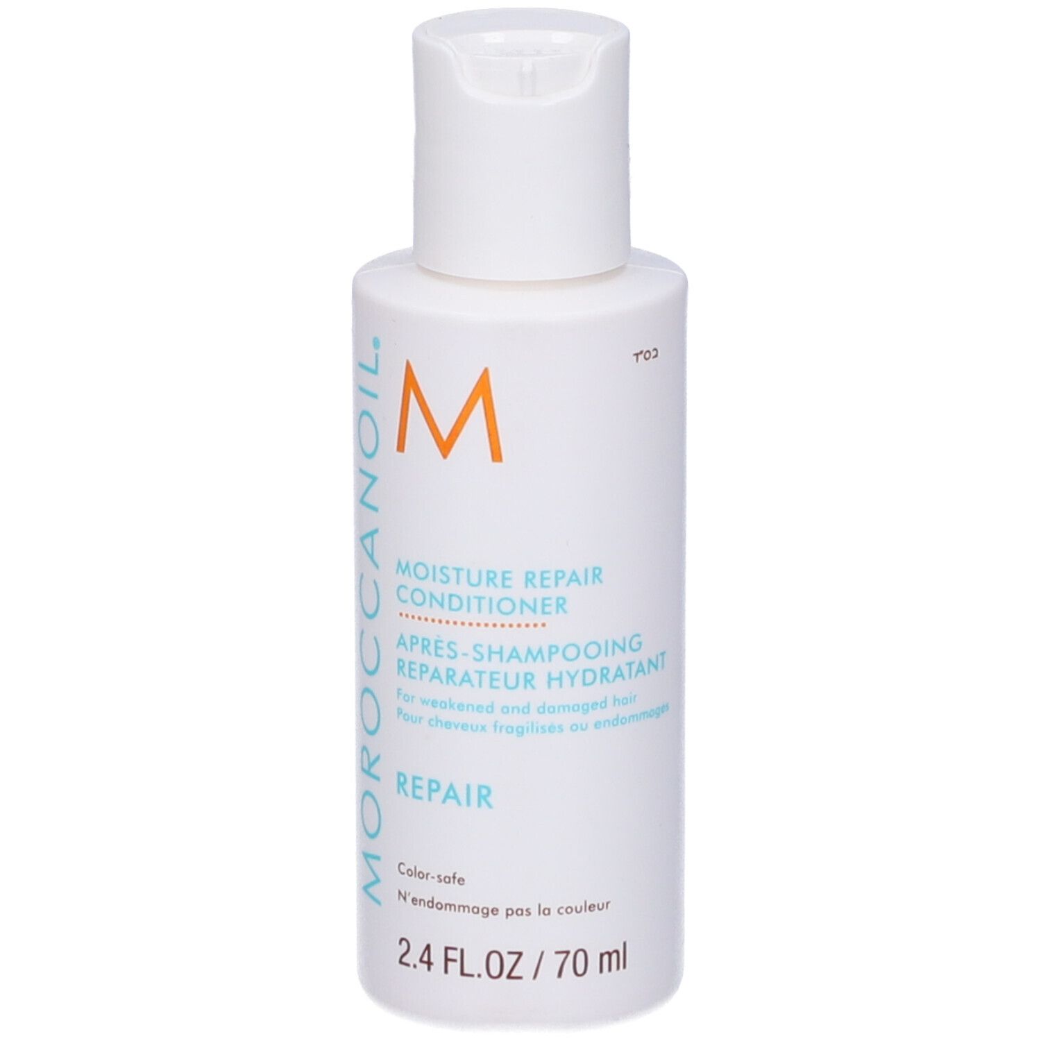 Flacone bianco con tappo a ribalta. Scritta: Moroccanoil, Moisture Repair Conditioner, 2.4 FL.OZ / 70 ml.
