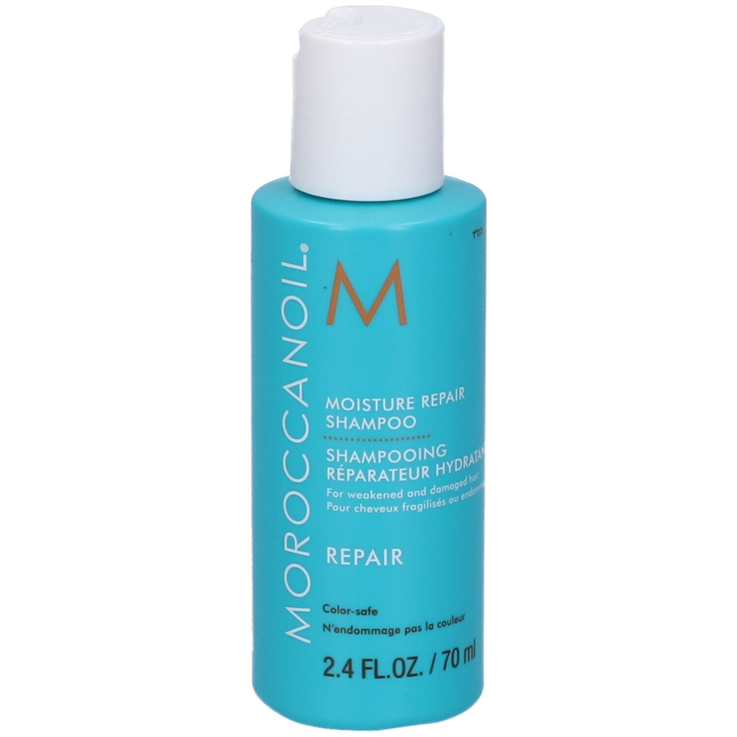 Flacone blu turchese con tappo bianco. Scritta: Moroccanoil, Shampoo Riparatore Idratante, 70 ml.