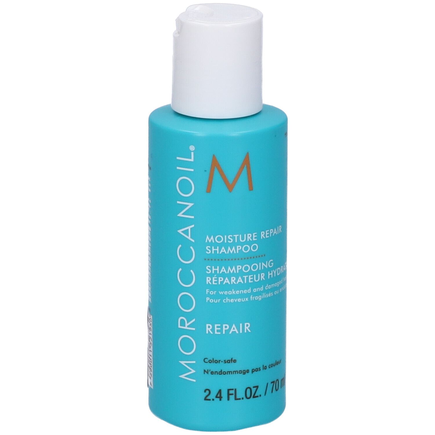Flacone blu turchese con tappo bianco. Scritta: Moroccanoil, Shampoo Riparatore Idratante, 70 ml.