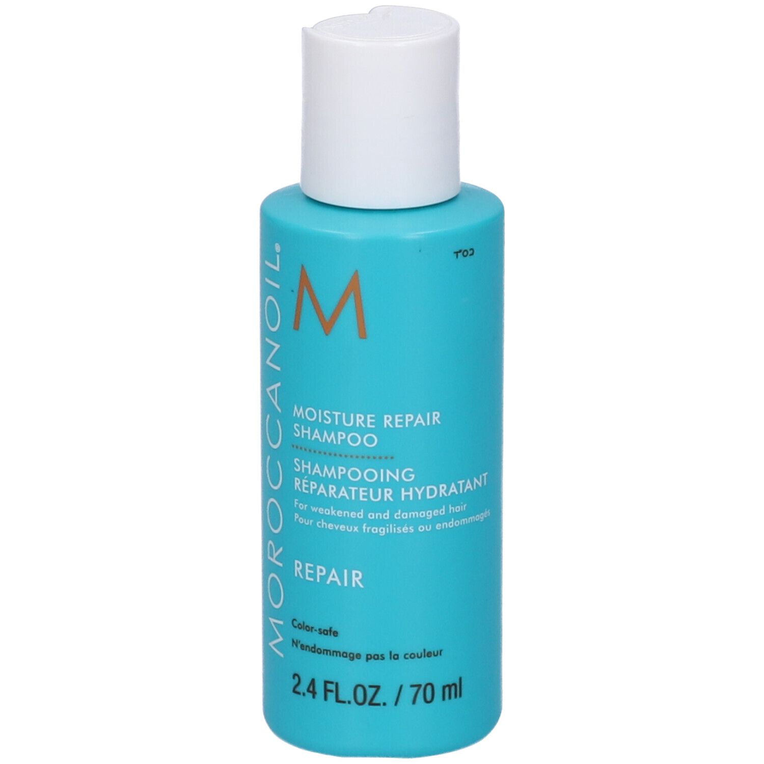Flacone blu turchese con tappo bianco. Scritta: Moroccanoil, Shampoo Riparatore Idratante, 70 ml.