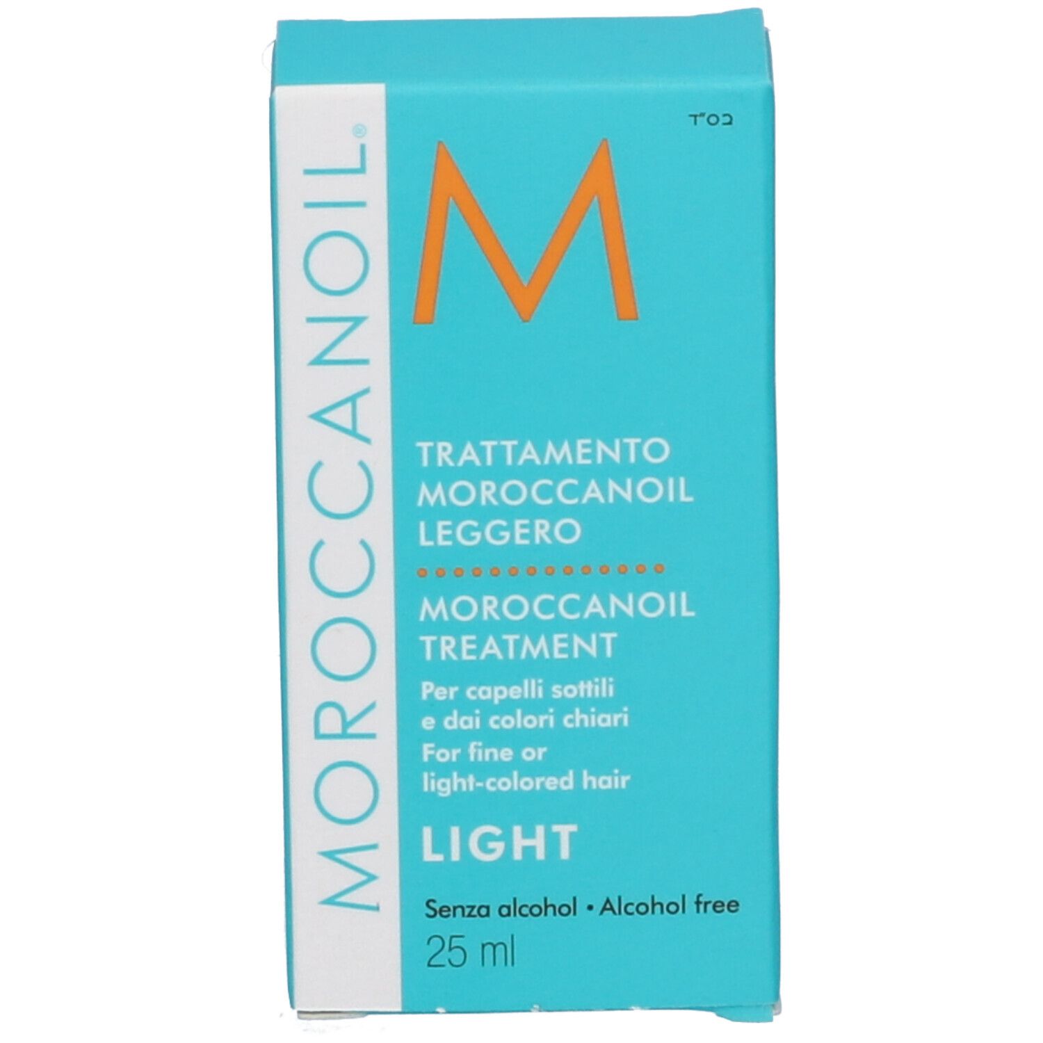 Scatola pieghevole turchese con informazioni sul prodotto. Scritto: Moroccanoil Trattamento Leggero, Light, 25 ml.
