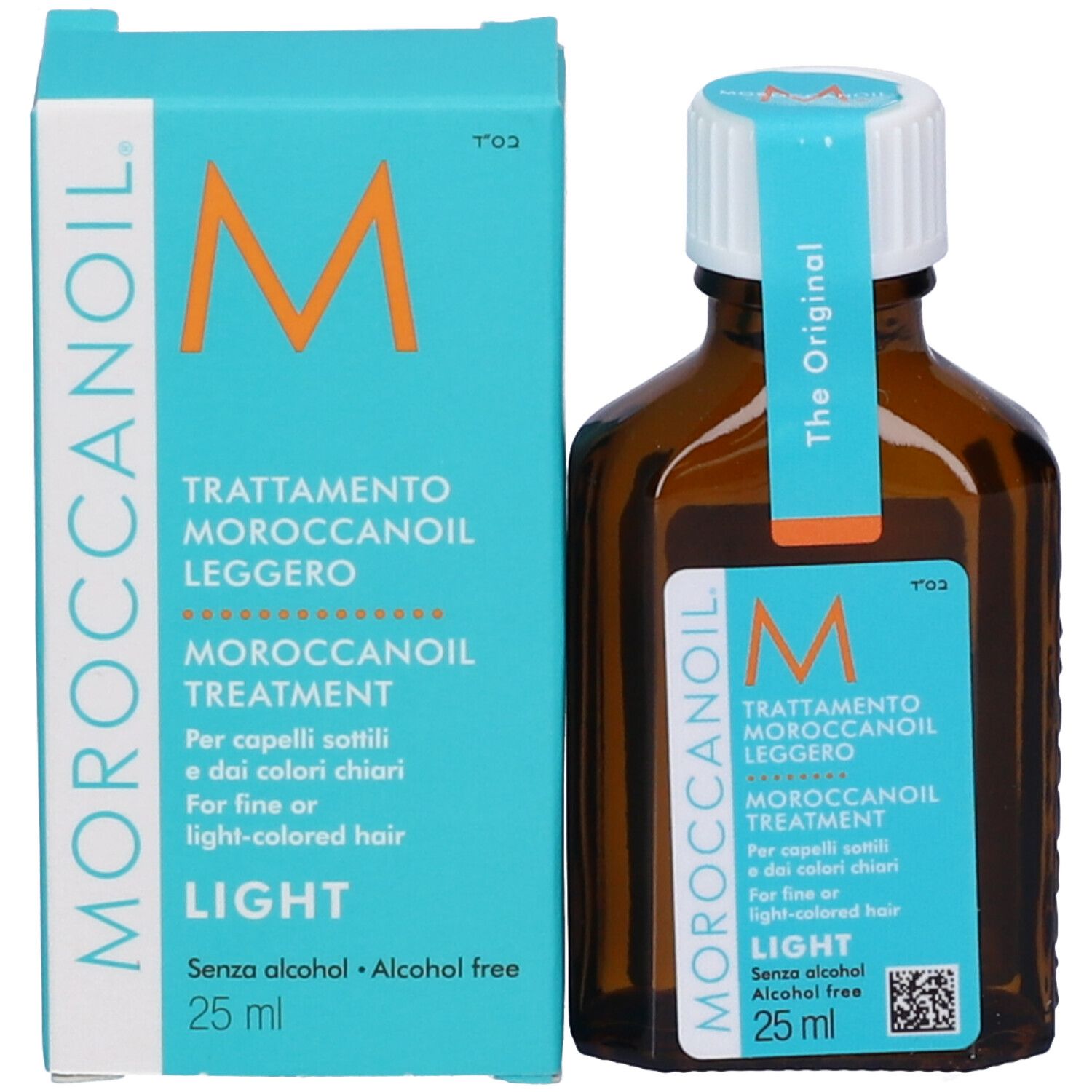 Prodotto e confezione. Bottiglia marrone con confezione turchese. Scritto: Moroccanoil Trattamento Leggero, Light, 25 ml.