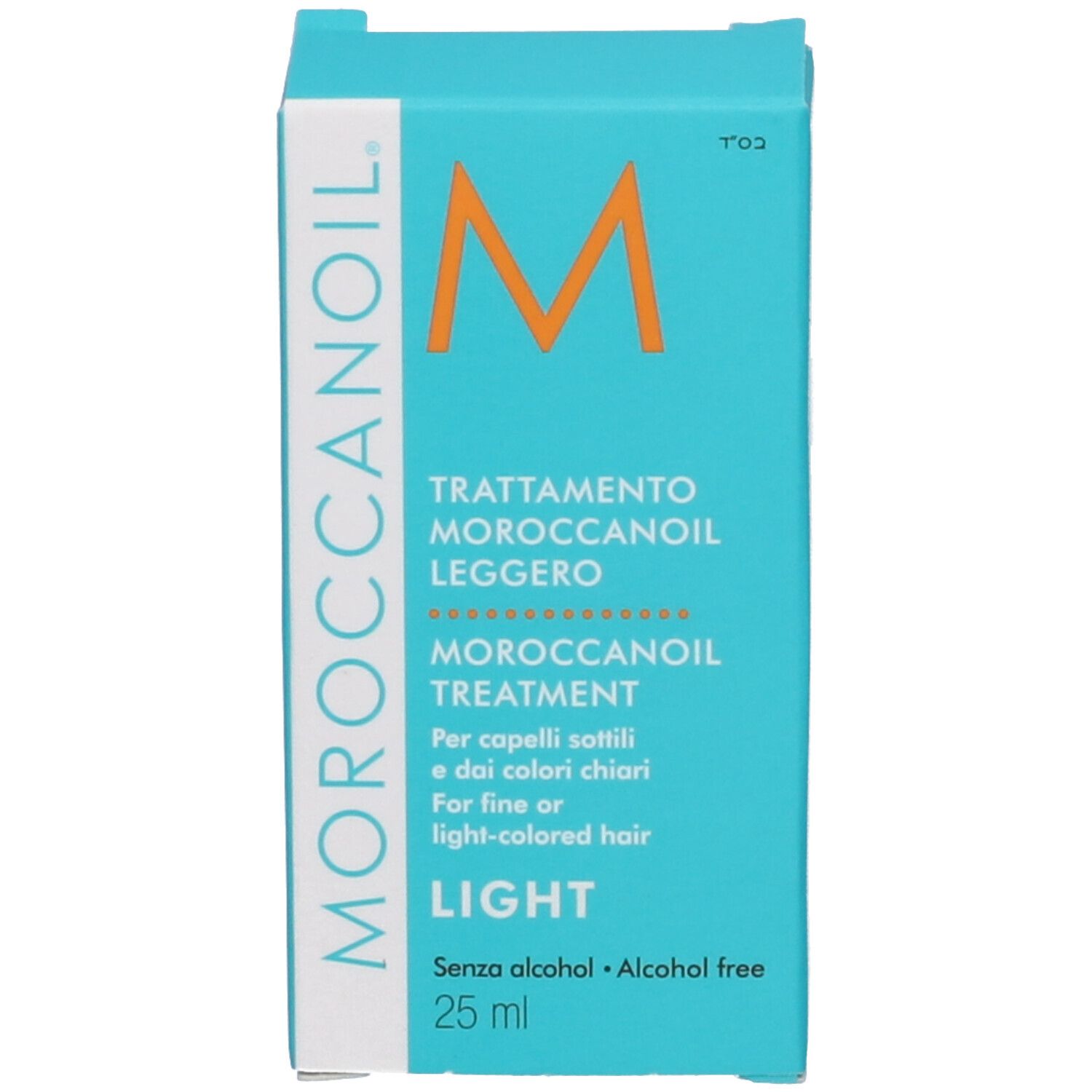 Scatola pieghevole turchese con informazioni sul prodotto. Scritto: Moroccanoil Trattamento Leggero, Light, 25 ml.