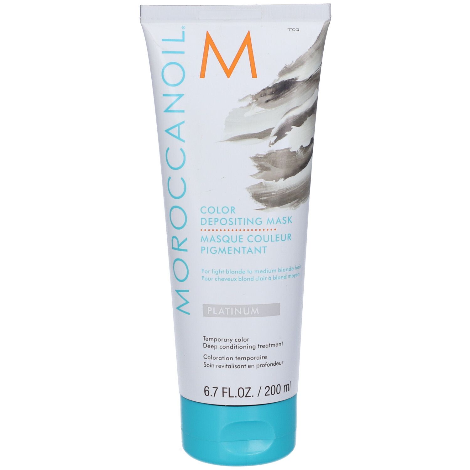 Moroccanoil Color Depositing Mask Platinum. Tubo con nome del prodotto e logo. Chiusura turchese.