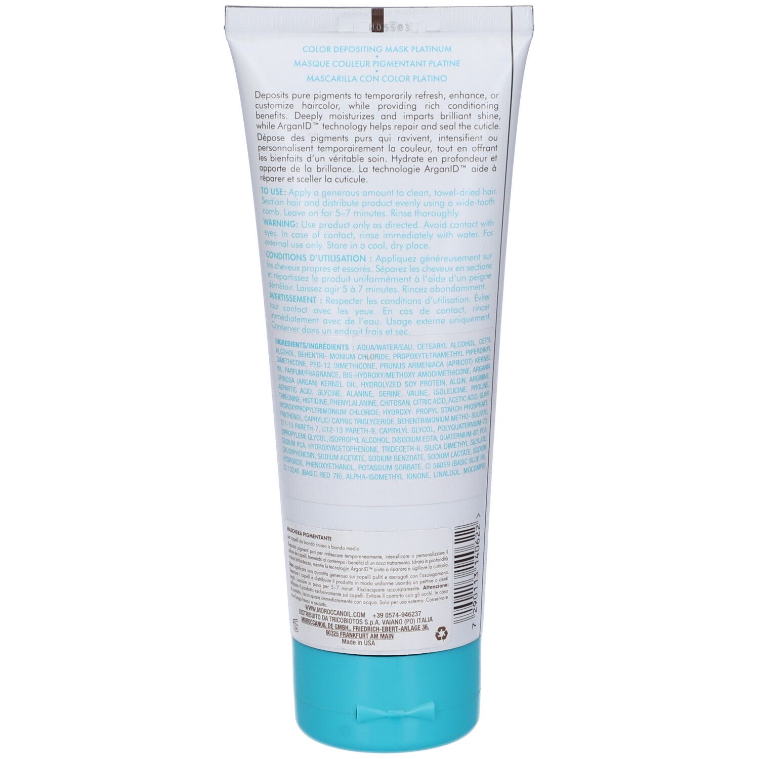 Retro del tubo Moroccanoil Color Depositing Mask Platinum. Testo e ingredienti multilingue. Chiusura turchese.