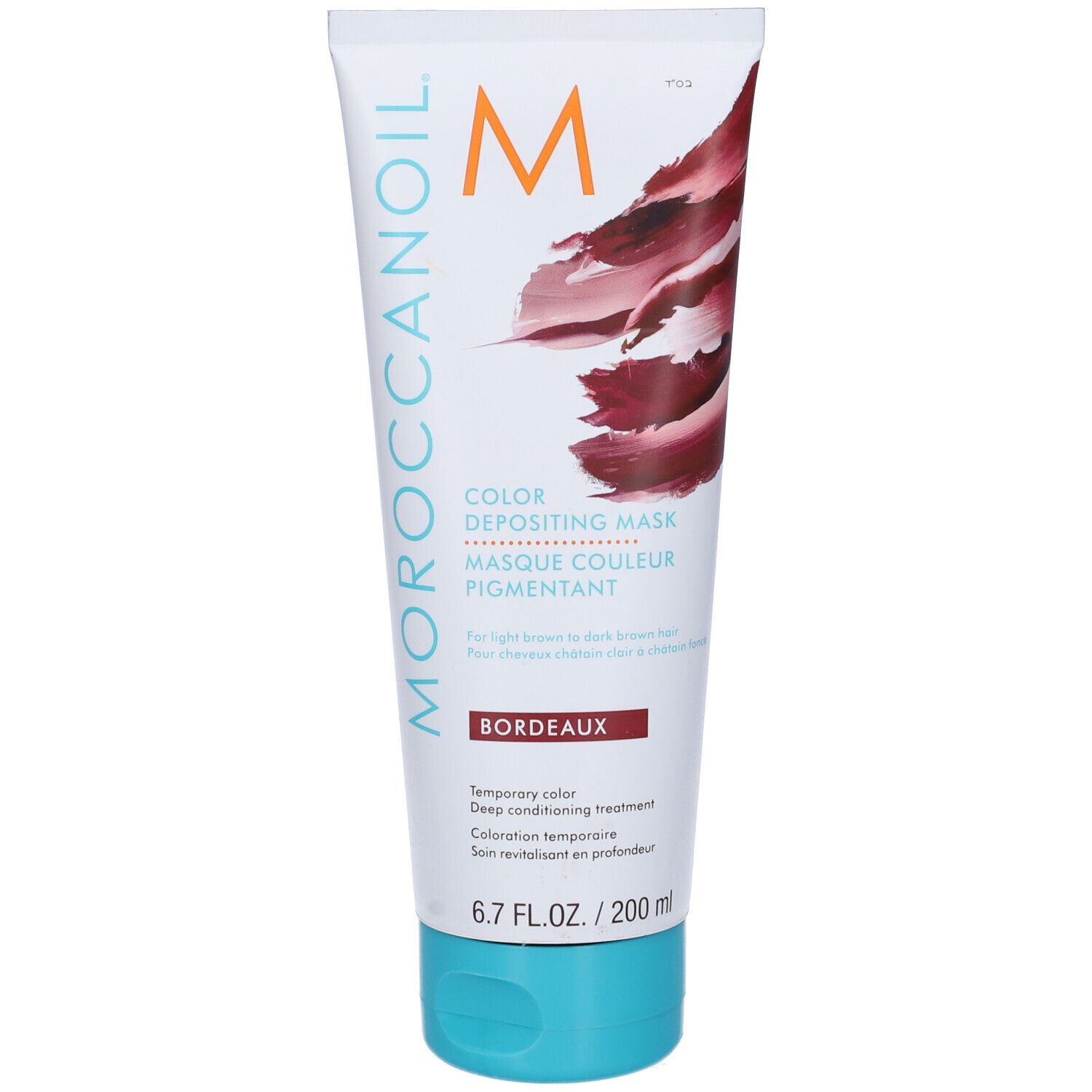 Tubo bianco-turchese con maschera colorata Bordeaux. Scritta: Moroccanoil, Color Depositing Mask, Bordeaux. 6.7 FL.OZ./200 ml.