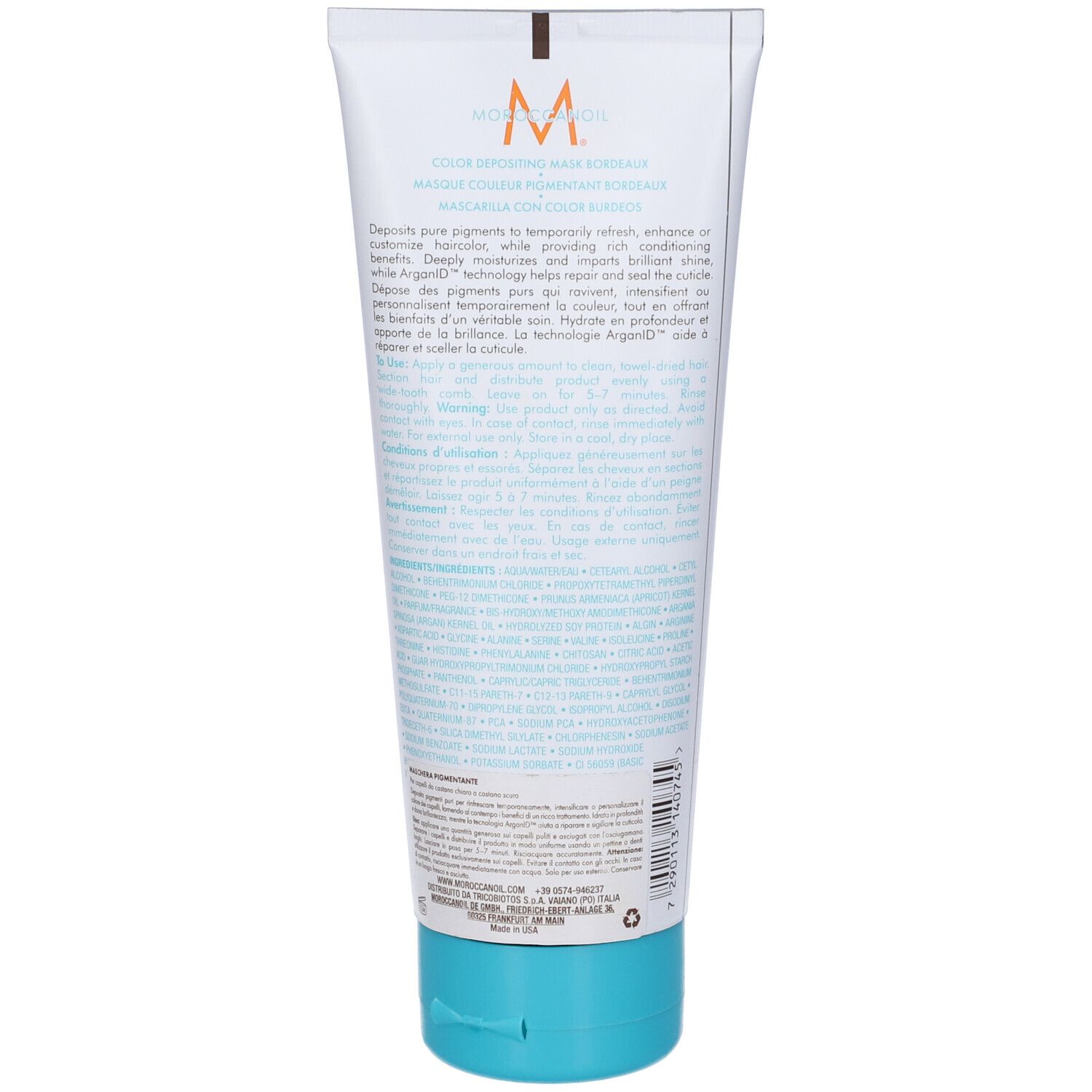 Retro del tubo. Testo multilingue. Tappo turchese. Nome prodotto: Moroccanoil Color Depositing Mask.