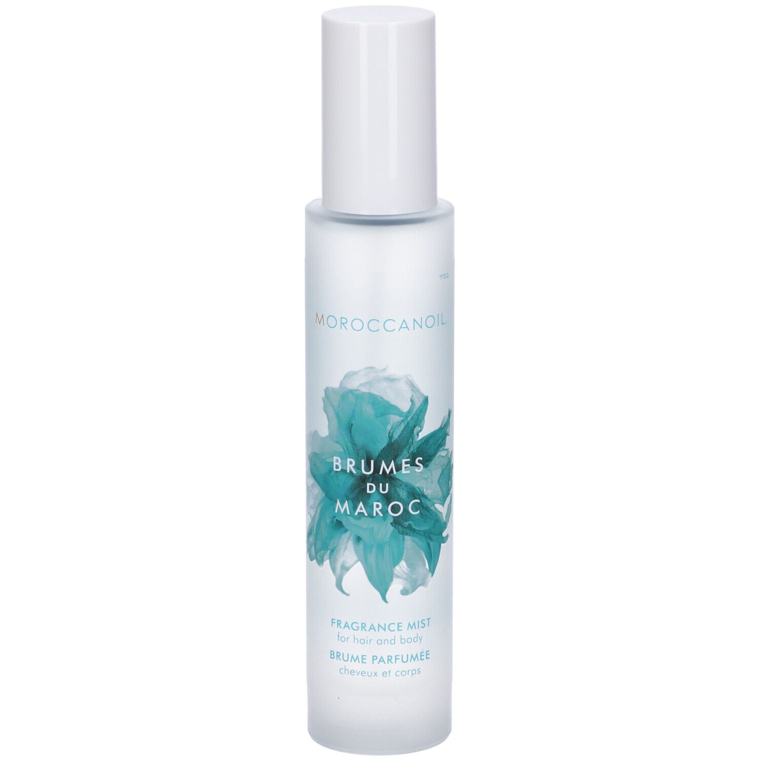 Flacone spray per capelli e corpo con tappo bianco. Scritta: BRUMES DU MAROC, FRAGRANCE MIST. Design floreale turchese.