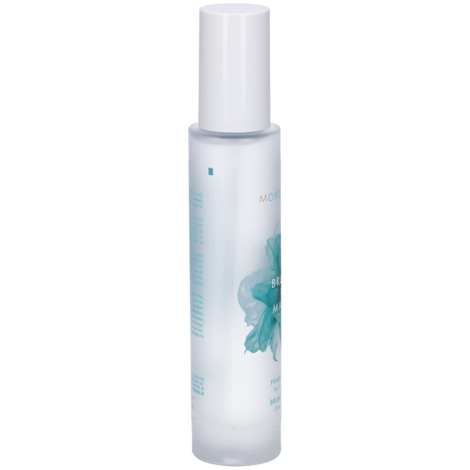 Flacone spray per capelli e corpo con tappo bianco. Scritta: BRUMES DU MAROC, FRAGRANCE MIST. Design floreale turchese.
