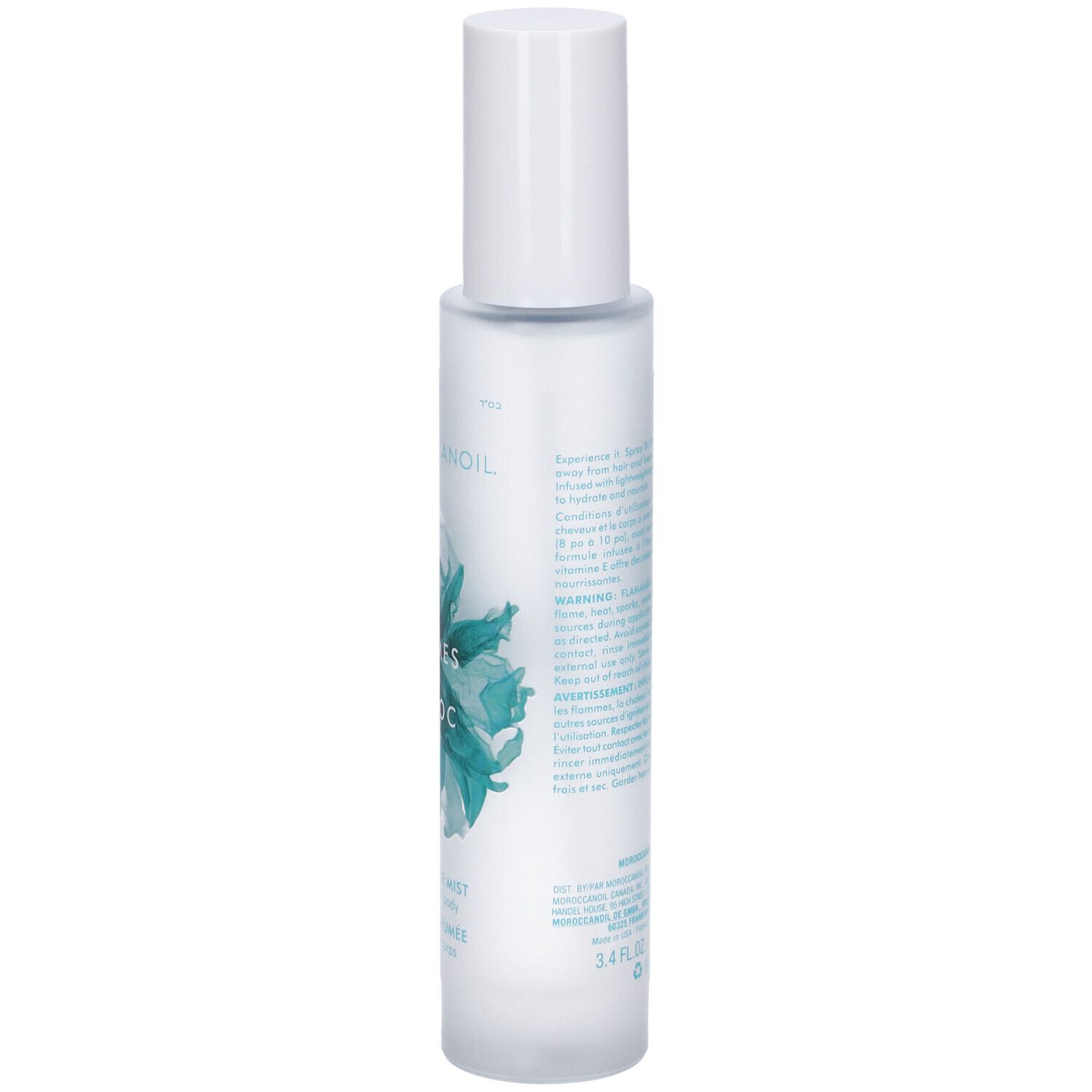 Flacone spray per capelli e corpo con tappo bianco. Scritta: BRUMES DU MAROC, FRAGRANCE MIST. Design floreale turchese.
