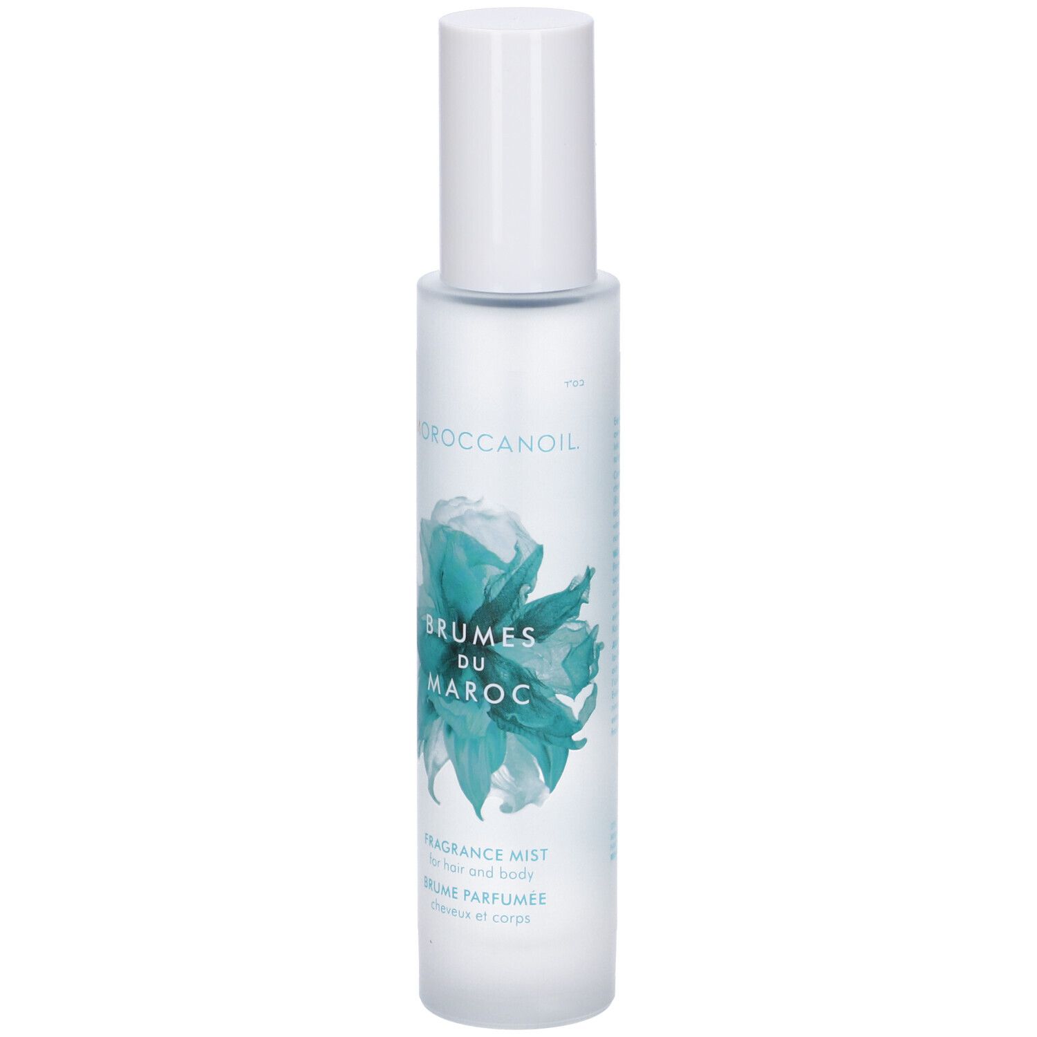 Flacone spray per capelli e corpo con tappo bianco. Scritta: BRUMES DU MAROC, FRAGRANCE MIST. Design floreale turchese.