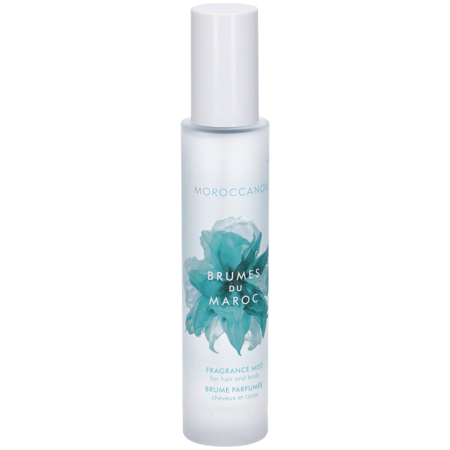 Flacone spray per capelli e corpo con tappo bianco. Scritta: BRUMES DU MAROC, FRAGRANCE MIST. Design floreale turchese.