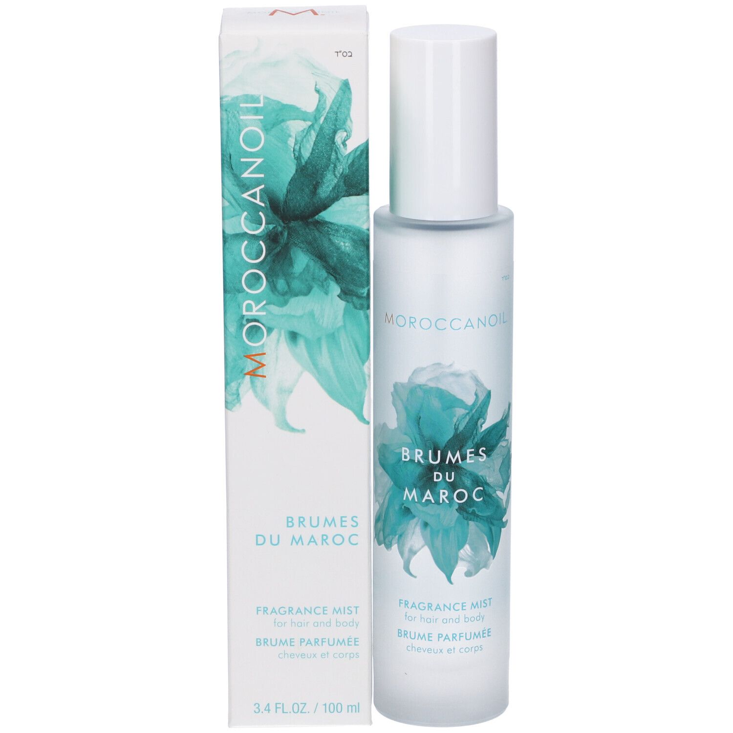 Flacone spray per capelli e corpo con confezione. Scritta: MOROCCANOIL, BRUMES DU MAROC, FRAGRANCE MIST. Design floreale turchese.