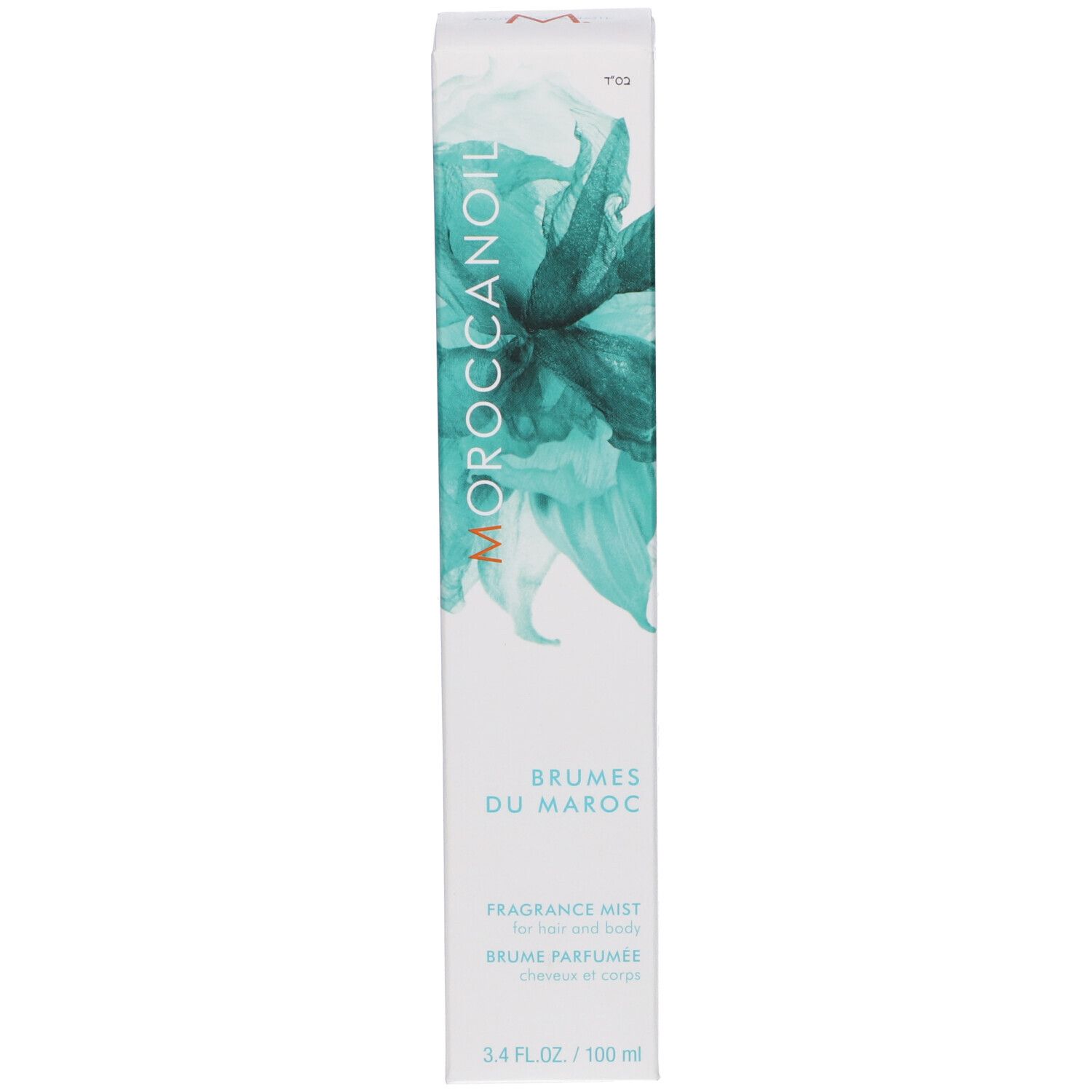 Confezione rettangolare. Scritta: MOROCCANOIL, BRUMES DU MAROC, FRAGRANCE MIST. Design floreale turchese.