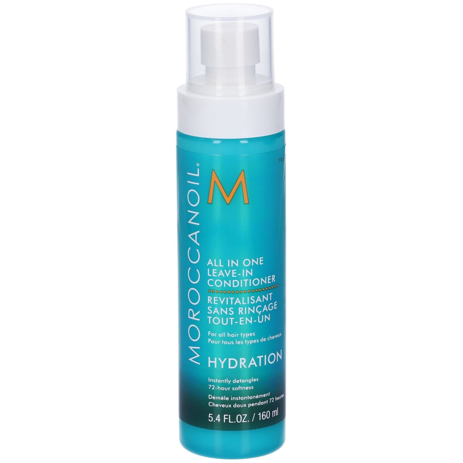 Flacone turchese con vaporizzatore bianco. Scritta: Moroccanoil, All in One Leave-in Conditioner, Hydration.