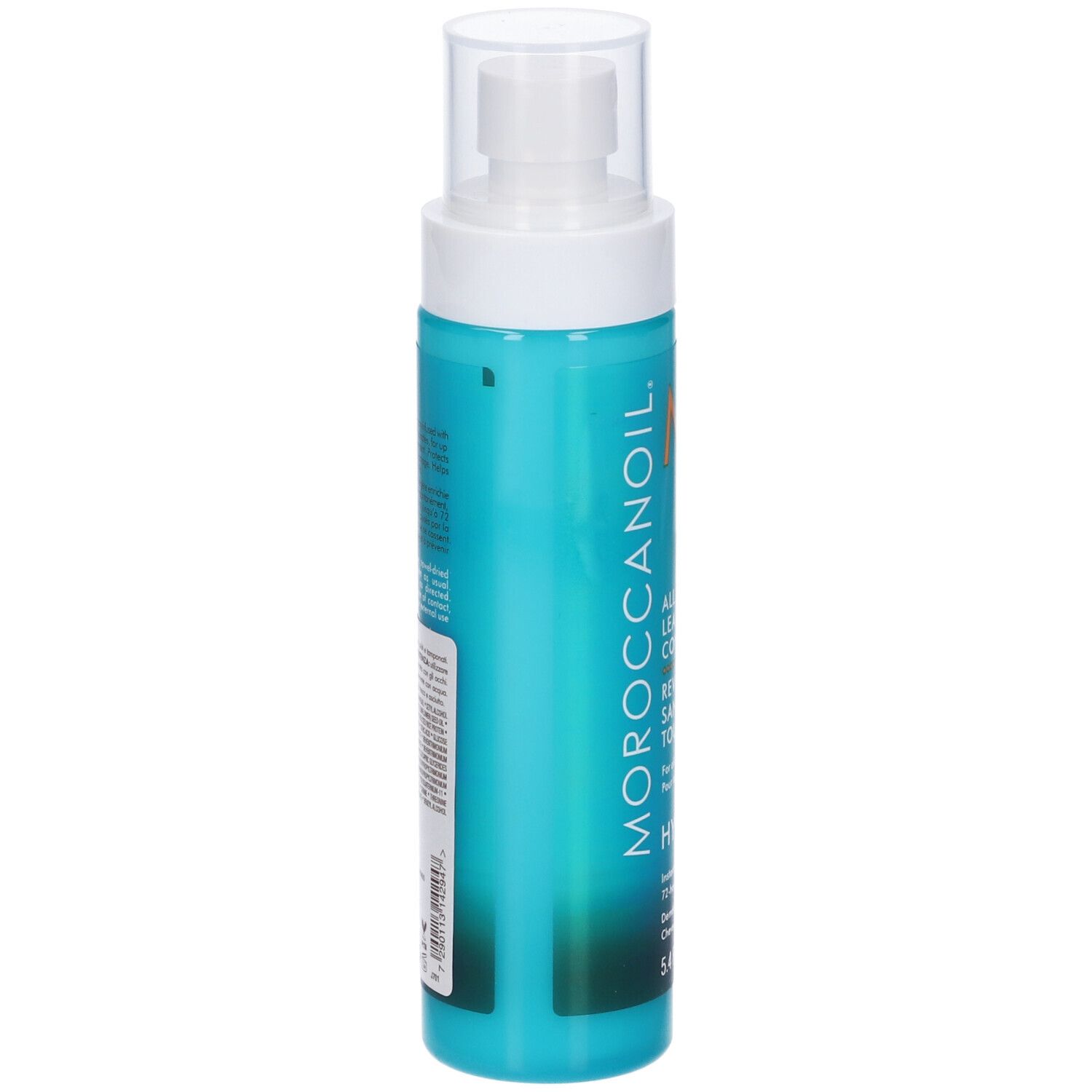 Flacone turchese con vaporizzatore bianco. Retro con testo. Marchio: Moroccanoil.