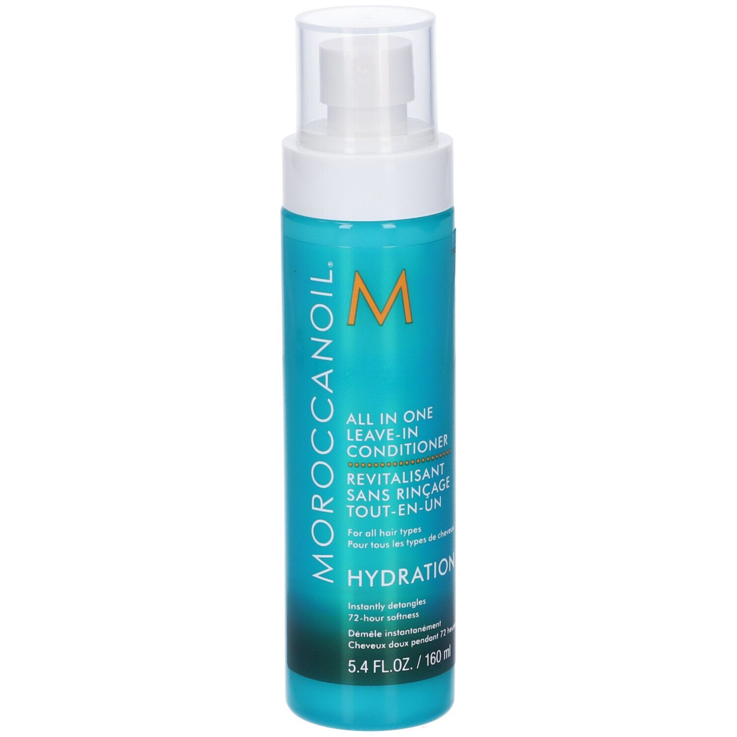 Flacone turchese con vaporizzatore bianco. Scritta: Moroccanoil, All in One Leave-in Conditioner, Hydration.