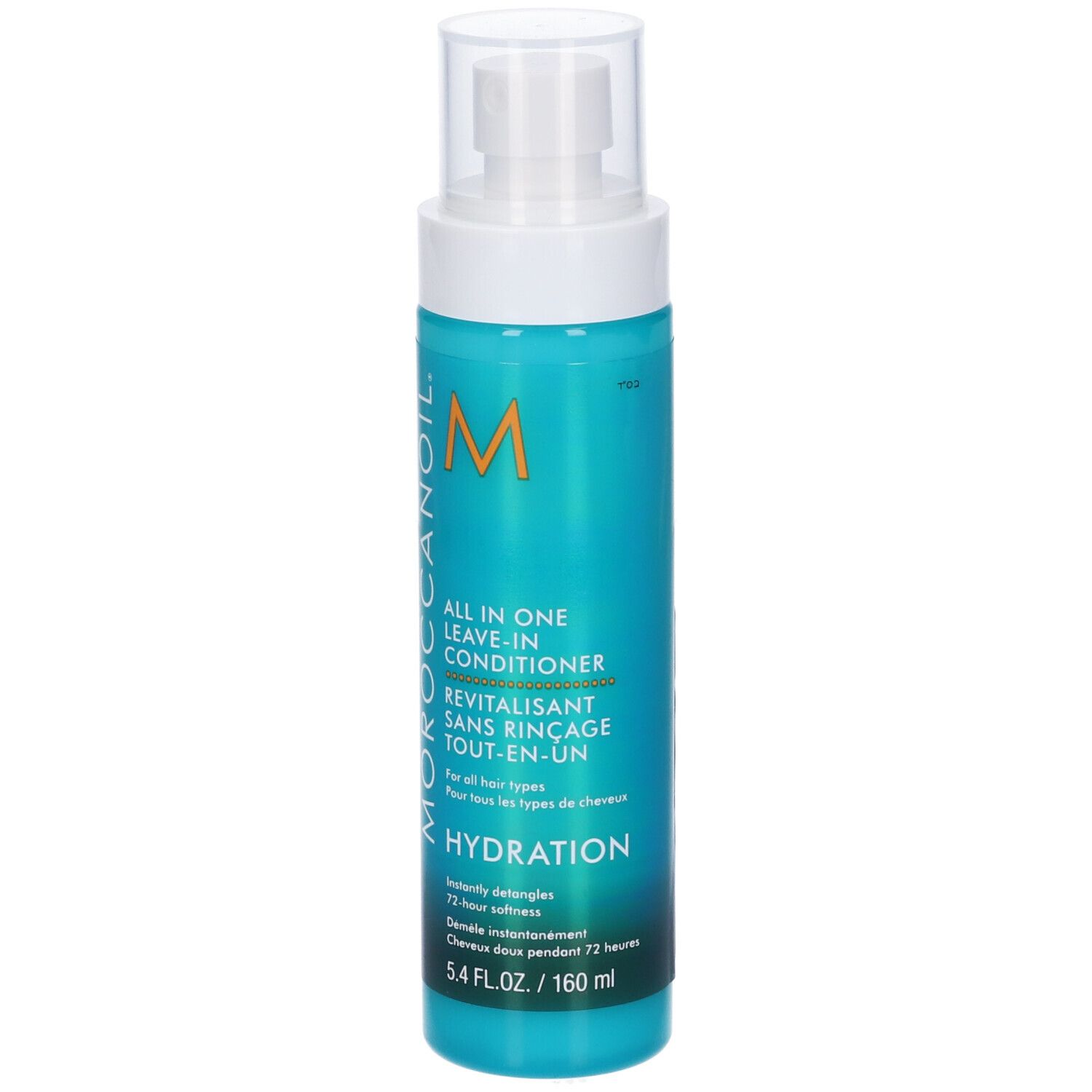 Flacone turchese con vaporizzatore bianco. Scritta: Moroccanoil, All in One Leave-in Conditioner, Hydration.