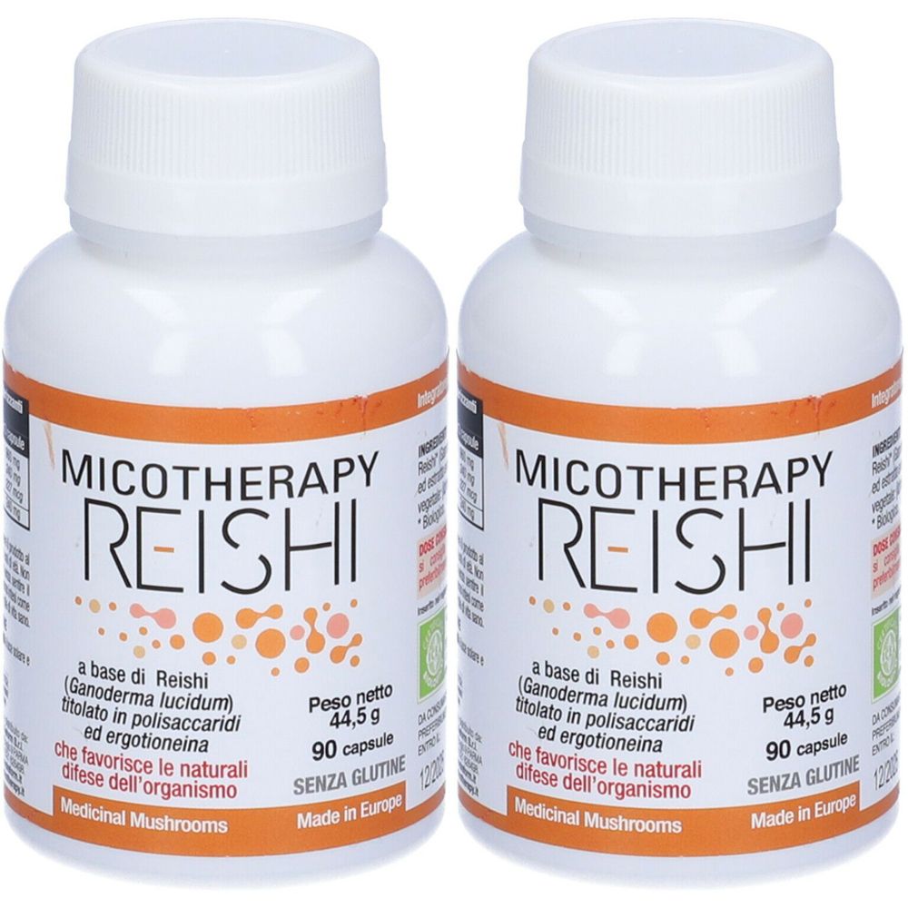 Due flaconi bianchi con etichette arancioni. Scritta: Micotherapy Reishi, 90 capsule, senza glutine. Prodotto in Europa.