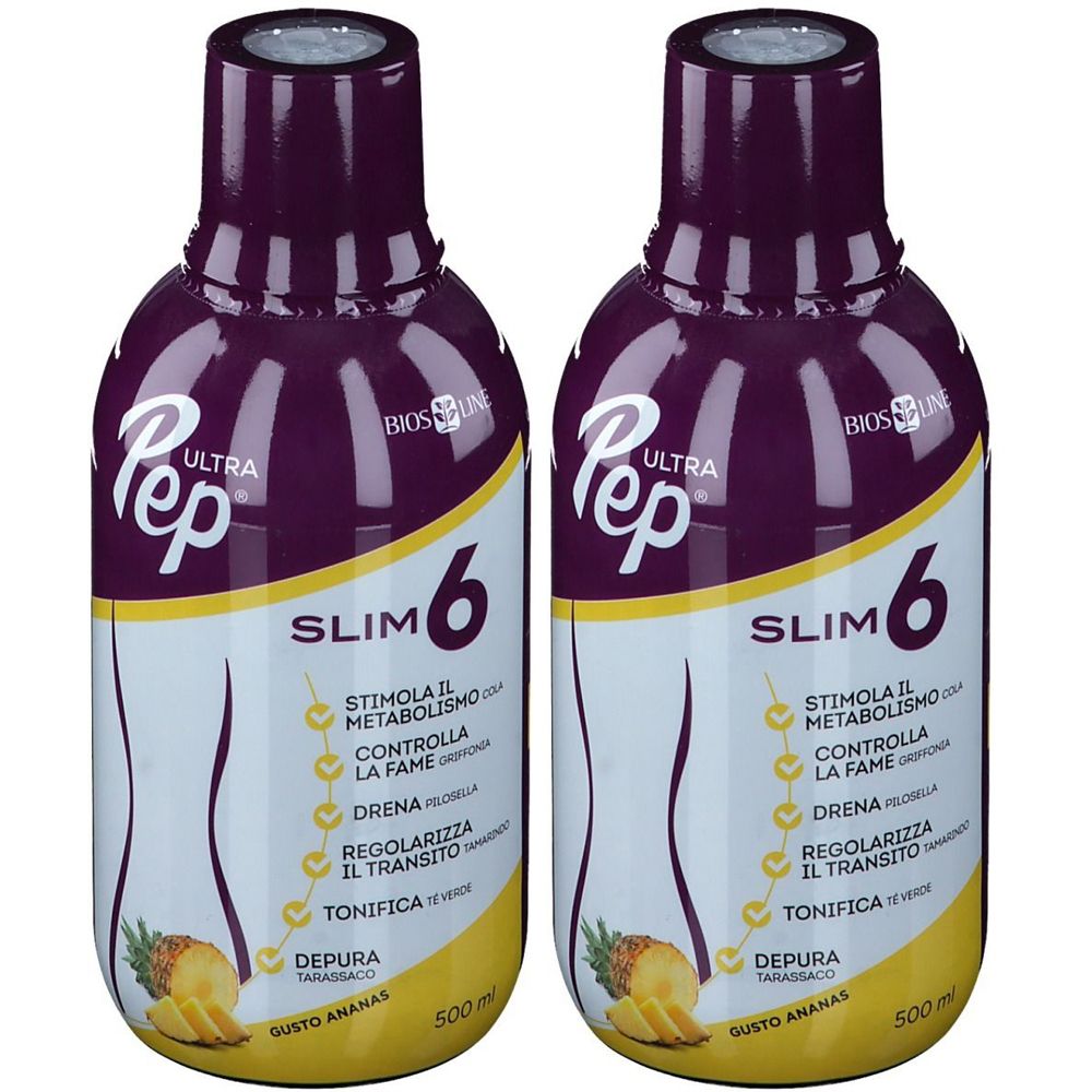 Due bottiglie con tappo viola ed etichetta. Scritta: Pep Ultra Slim 6. Gusto ananas. 500 ml.