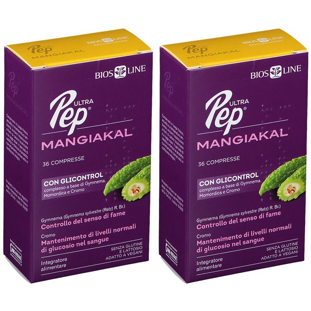 Due scatole viola "Pep Ultra MangiaKal". Contiene 36 compresse. Logo BIOS LINE visibile.