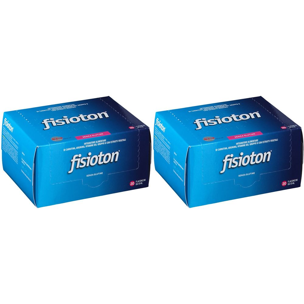 Due scatole blu con la scritta "fisioton" in bianco. Scritta rossa. 20 fiale.