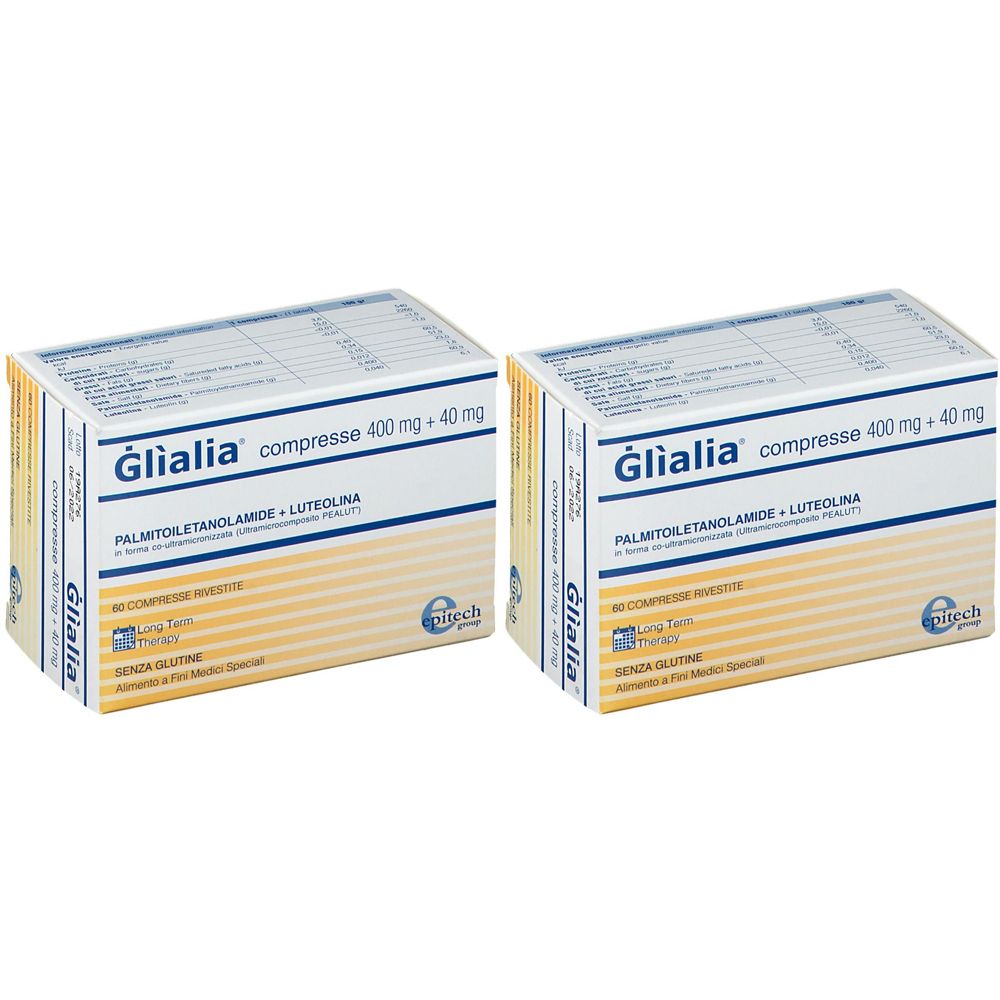 Due scatole di Glialia Compresse, 400 mg + 40 mg. Scritta: Palmitoiletanolamide + Luteolina. Design giallo e bianco con il nome del prodotto.