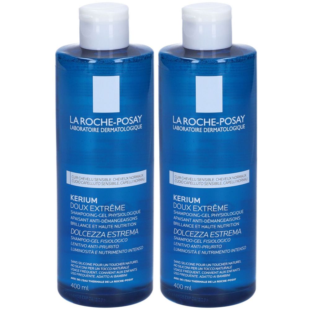 Due flaconi blu con tappi bianchi. Scritta: La Roche-Posay, Kerium Doux Extreme Shampooing-Gel. 400 ml.