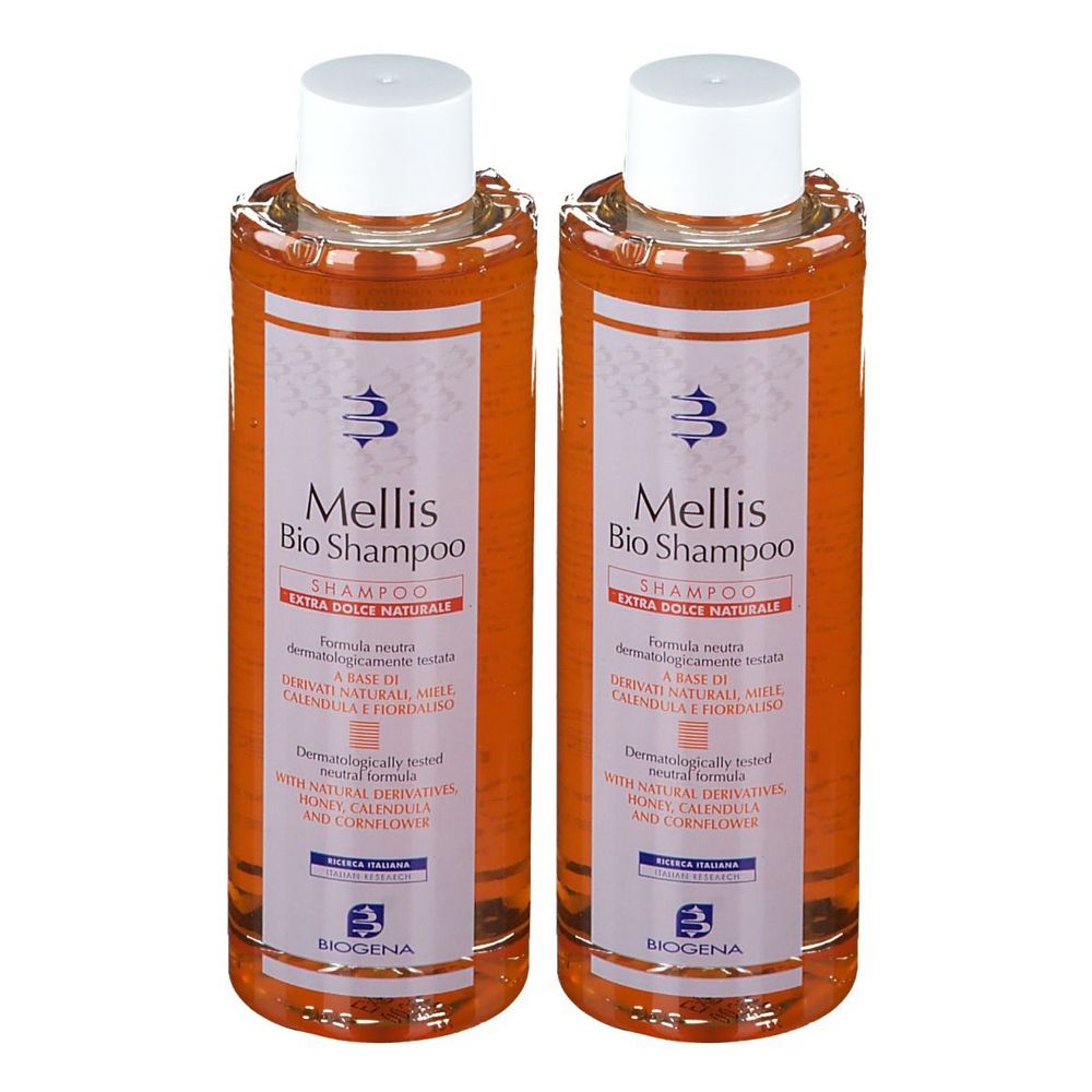 Due flaconi di shampoo con tappi bianchi. L'etichetta riporta "Mellis Bio Shampoo Extra Dolce Naturale".