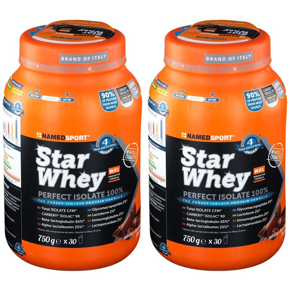 Due contenitori arancioni con "NAMEDSPORT Star Whey". Scritta "PERFECT ISOLATE 100%". 750g x 30.