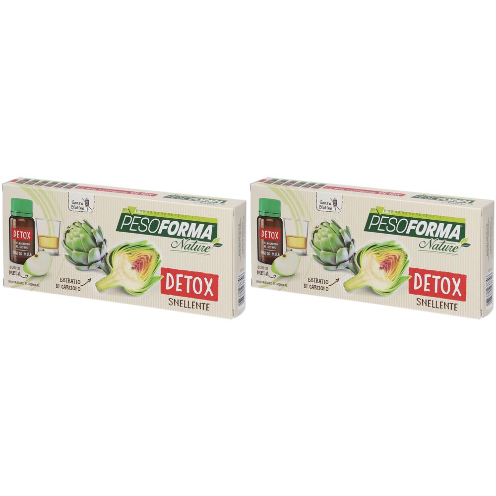 Due confezioni PESOFORMA Nature Detox Snellente. Stampa con carciofo, mela, bicchiere e flacone. Testo: Detox Snellente.