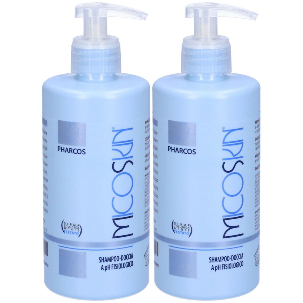 Due flaconi blu con dosatore. Scritte: PHARCOS, MICOSKIN, SHAMPOO-DOCCIA A pH FISIOLOGICO.
