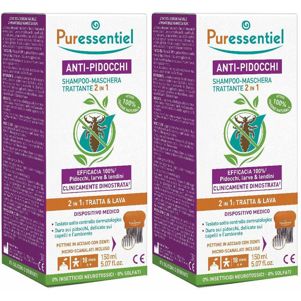 Due confezioni. Logo e nome del prodotto: Anti-Pidocchi, Shampoo-maschera. Include un pettine.