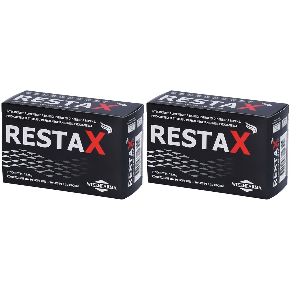 Due confezioni RESTAX nere con testo rosso. Marchio Wikenfarma. Scatole rettangolari.
