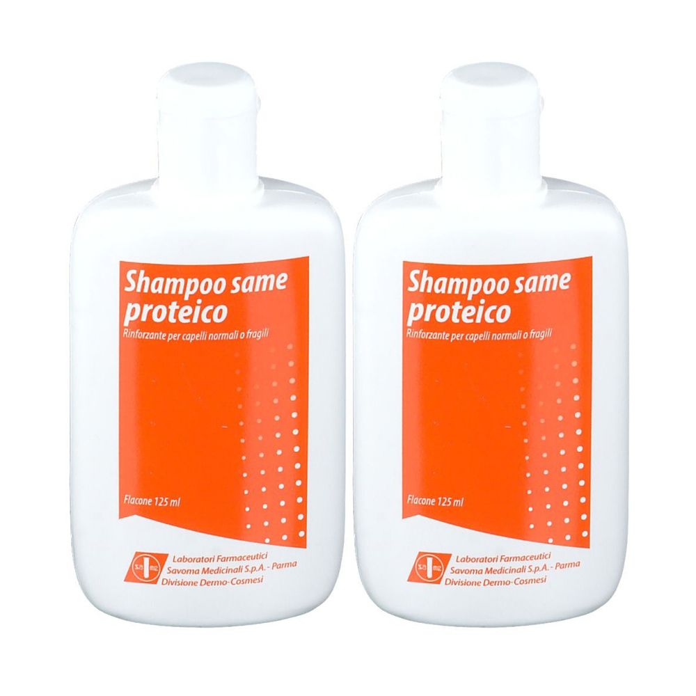 Due flaconi bianchi con etichette arancioni. Le etichette riportano "Shampoo same proteico".