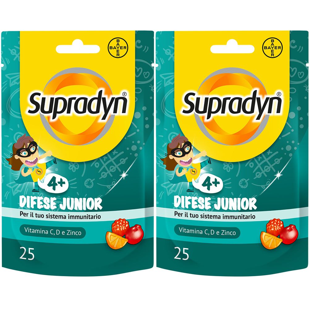 Due confezioni di Supradyn Difese Junior. Scritto: 4+, Difese Junior, Vitamina C, D e Zinco, 25 pezzi.
