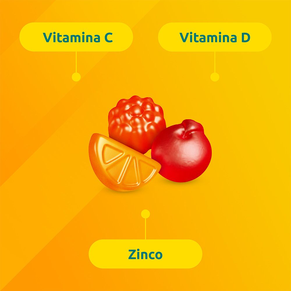 Illustrazione di vitamina C, vitamina D e zinco. Arancia, lampone e frutto rosso. Sfondo giallo.