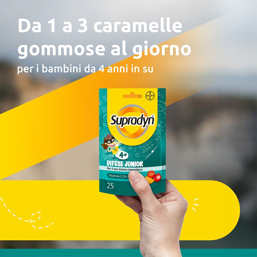 Mano che tiene una confezione di Supradyn Difese Junior. Scritto: 4+, Difese Junior, Vitamina C, D e Zinco, 25 pezzi.