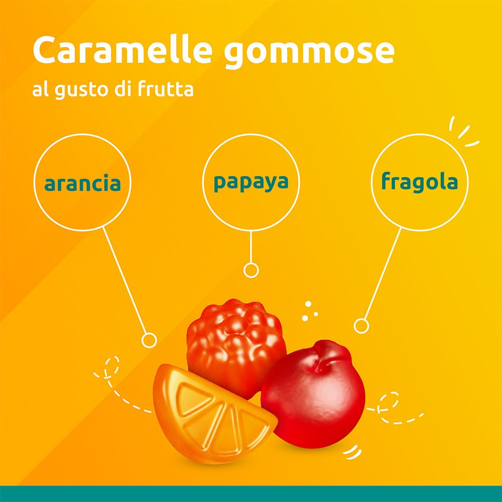 Illustrazione di caramelle gommose: arancia, papaya, fragola. Sfondo giallo.