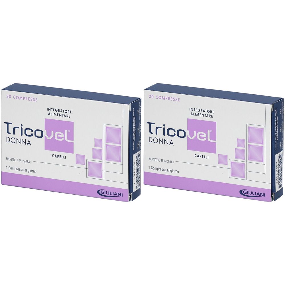 Due confezioni di Tricovel Donna. Scritta: 30 compresse, integratore alimentare, per capelli. Marchio Giuliani.