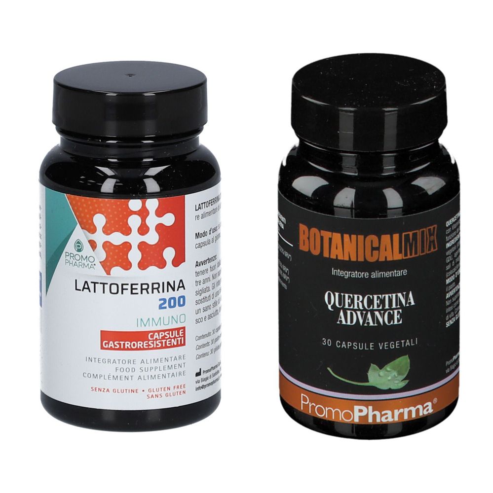 Due flaconi di integratori alimentari. Uno con la scritta "LATTOFERRINA 200 IMMUNO", l'altro con "BOTANICALMIX Quercetina ADVANCE".