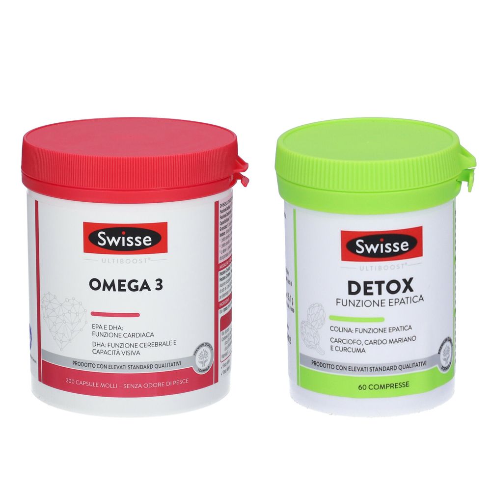 Due contenitori bianchi con coperchi rosso e verde. Scritta: Swisse Omega 3 e Detox. Entrambi i prodotti sono etichettati in italiano.