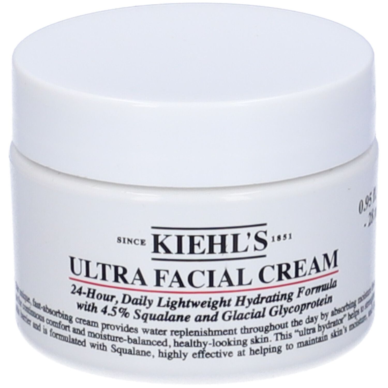 Vasetto bianco con coperchio. Scritta: Kiehl's ULTRA FACIAL CREAM. Contiene 4,5% Squalano e Glicoproteina Glaciale. Idratazione 24 ore.