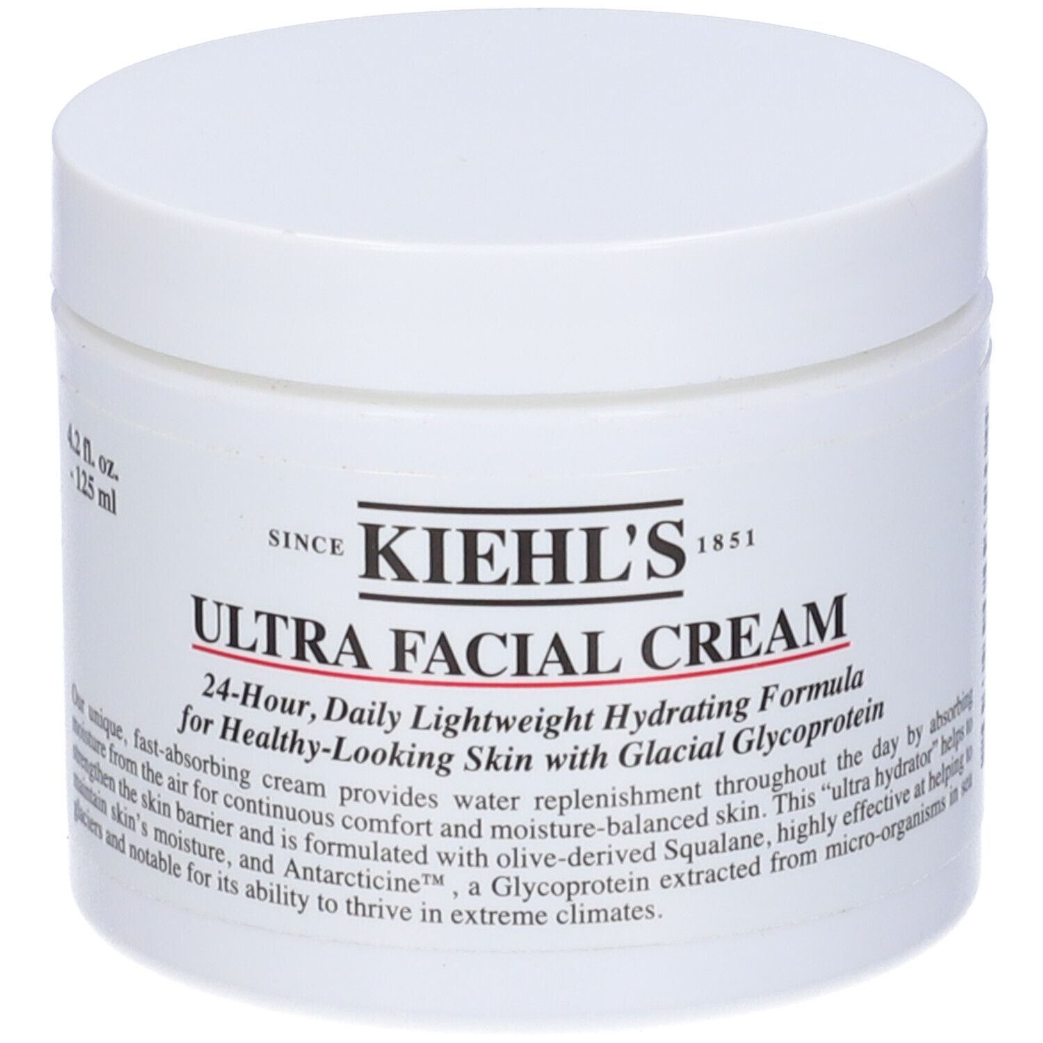 Vasetto bianco con coperchio. Scritta: Kiehl's Ultra Facial Cream. Testo: Idratazione 24 ore per una pelle sana.