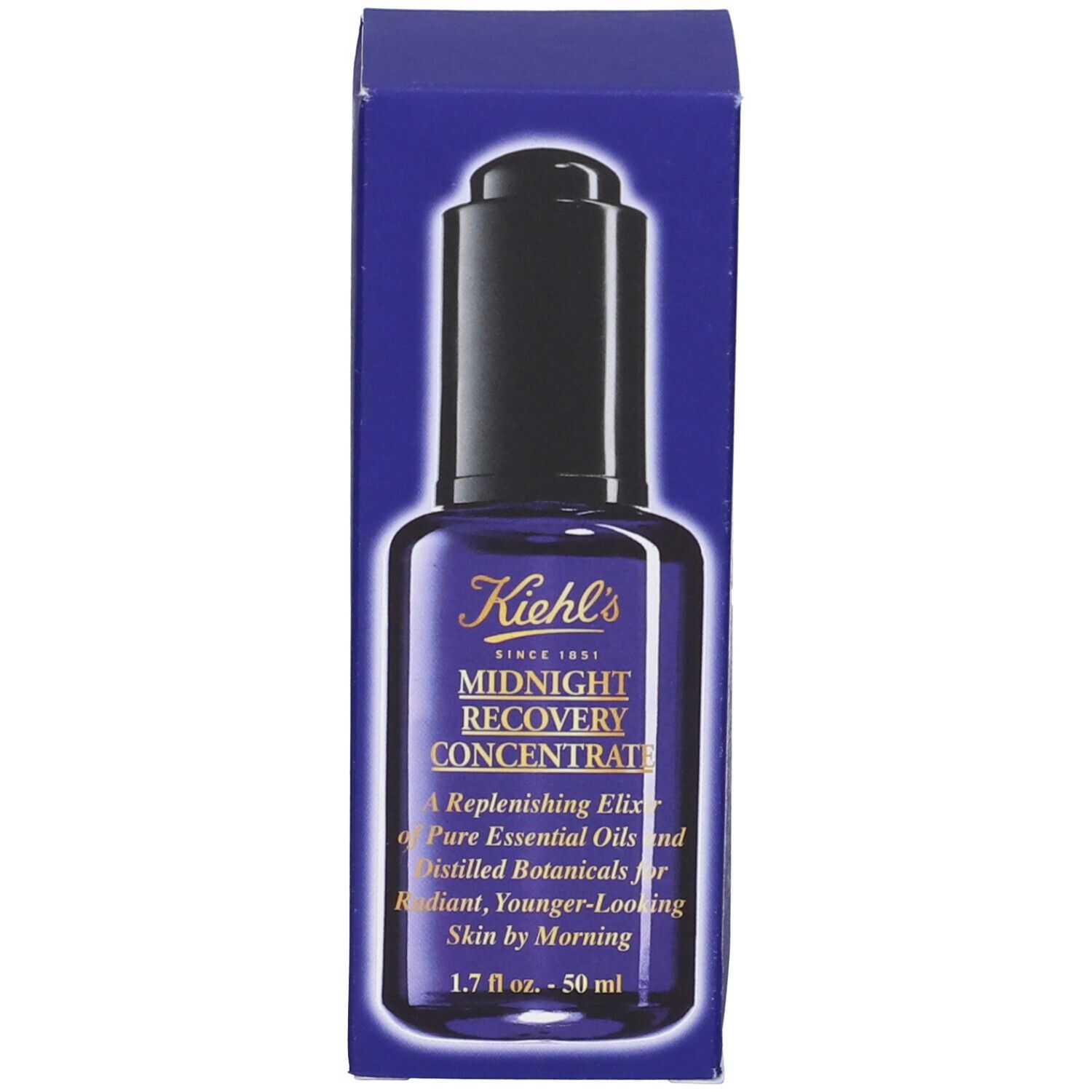 Flacone blu scuro con tappo nero. Scritta: Kiehl's Midnight Recovery Concentrate. 1,7 fl oz - 50 ml.