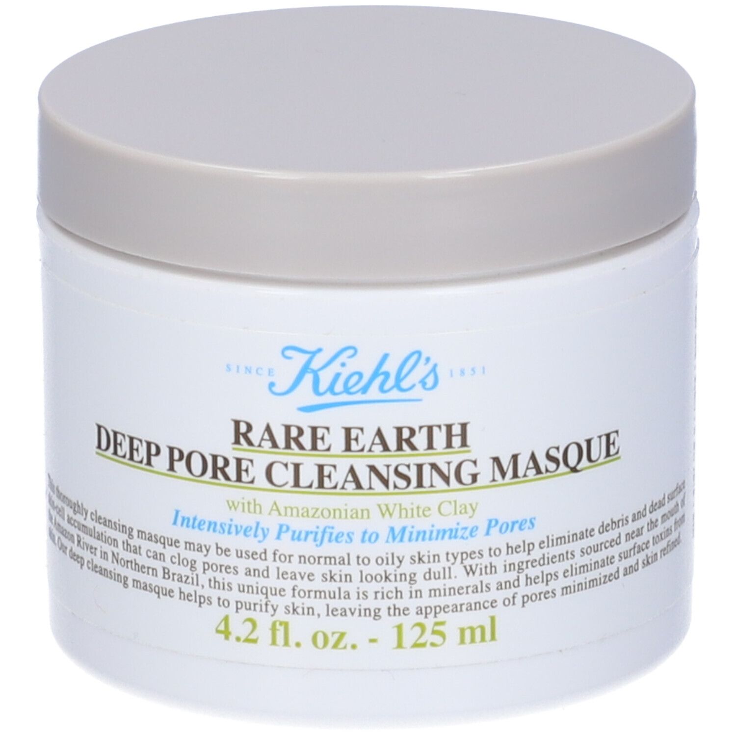 Vasetto bianco con coperchio. Scritta: Kiehl's, Rare Earth Deep Pore Cleansing Masque. Testo: 4.2 fl. oz. - 125 ml.
