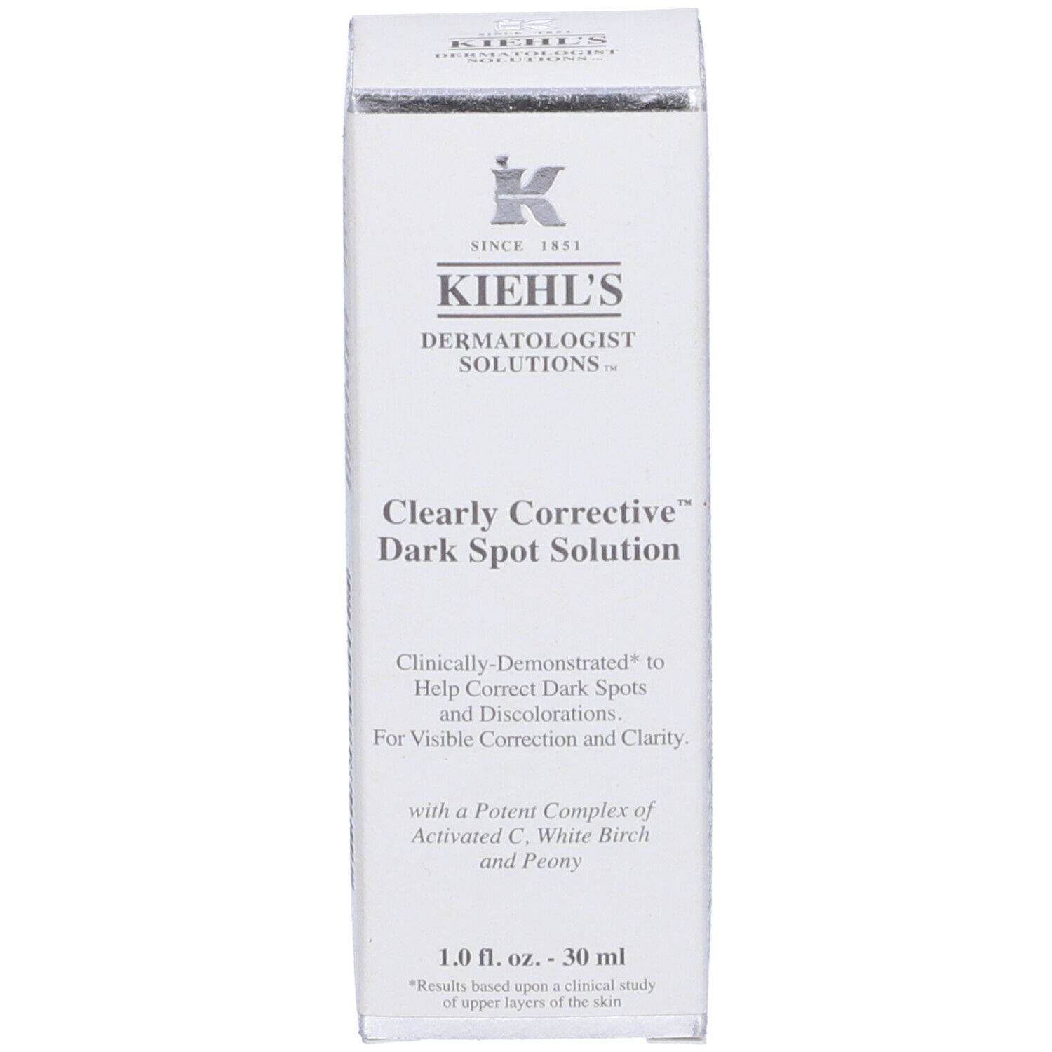 Confezione bianca con informazioni sul prodotto. Scritta: Kiehl's, Clearly Corrective Dark Spot Solution. Contiene 30 ml.