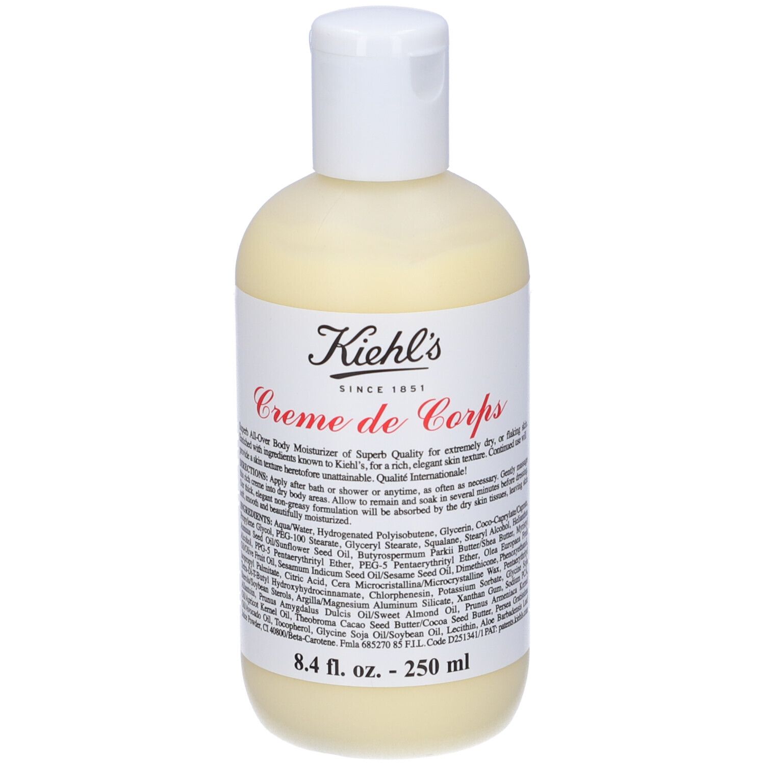 Lozione corpo crema in flacone ovale con tappo bianco. L'etichetta riporta "Kiehl's Creme de Corps".